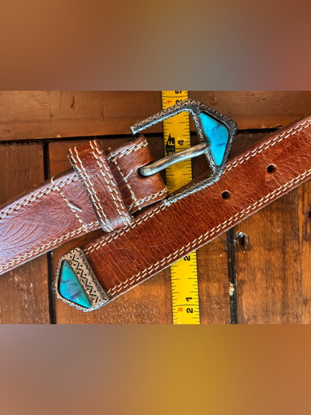 Vintage Brown Leather Belt with Turquoise Accent